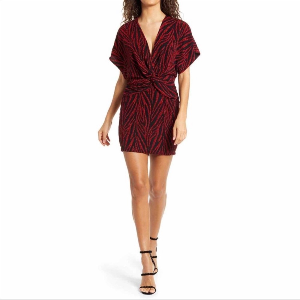 New Saylor Soumin Jacquard Zebra Dress Metallic Red Black Size XL V Neck Short
